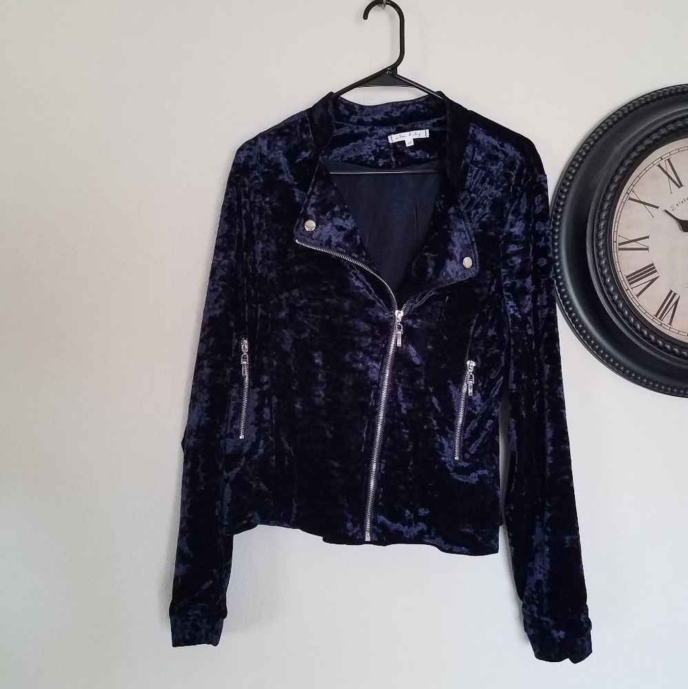 Willow & Clay Blue Velvet Moto Jacket Navy Blue M - Picture 4 of 8